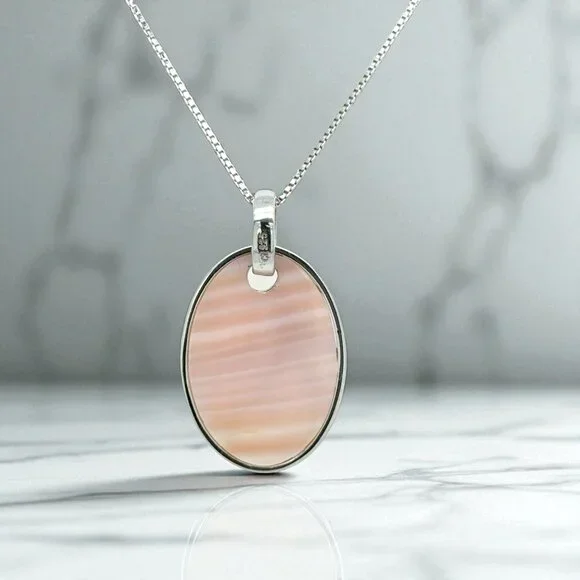 Oval Pink Mother-of-Pearl and CZ Pendant in 925 Sterling Silver - Picture 3 of 3